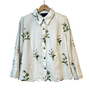 Nina McLemore White Linen Jacket Size 8 Embroidered Floral Blouse White Resort